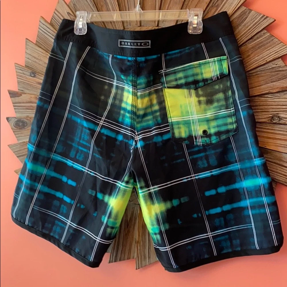 Oakley Men's Black, Blue & Neon Yellow Green Swim Board Shorts